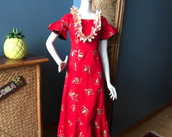 Authentic gorgeous rich red with gold sampan boats and lined sleeves - 1950's Reef Hawaii vintage Hawaiian muu muu / maxi dress Modern XS/S