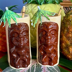 Aloha! Get the tiki party started. Two fab vintage  tiki time cups/mugs. Al Harrington- the South Pacific Man, Waikiki, Hawaii.