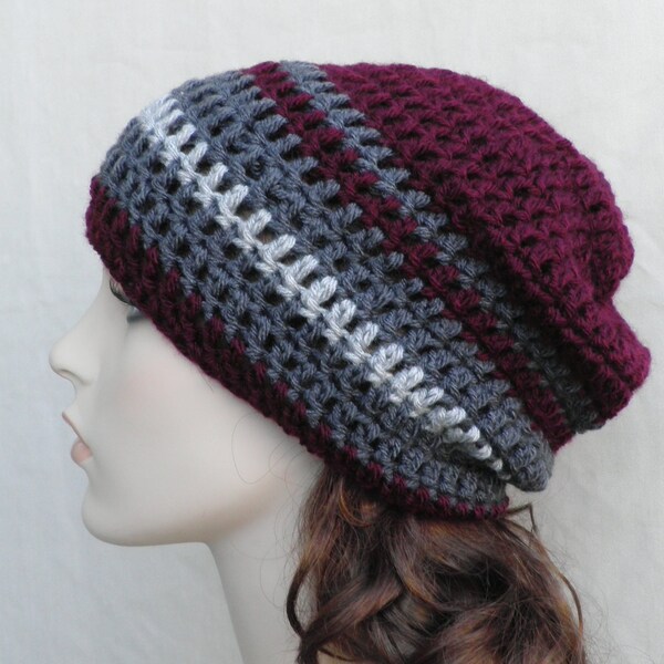 Crochet Mens beanie Womens adult Slouchy Beanie Slouch Hat burgandy red gray grey READY TO SHIP