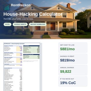 Op de afbeelding: Een digitaal RentReckon House-Hacking Calculator spreadsheet-sjabloon met een beige huis op de achtergrond, knoppen voor Excel en Google Sheets, een gedetailleerde tabel met financiële gegevens en samenvattingsvakken.