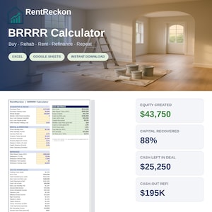 Könnte beinhalten: Ein digitales RentReckon BRRRR-Rechner-Tabellenkalkulationstool für Immobilieninvestoren. Die Benutzeroberfläche zeigt Kennzahlen zu Erwerb, Sanierung, Vermietung und Refinanzierung, einschließlich geschaffener Eigenkapitalwerte.
