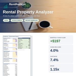 May include: A digital rental property analyzer spreadsheet tool featuring the RentReckon logo, text labels for Excel and Google Sheets, and a preview of financial metrics including monthly cash flow, cap rate, and DSCR calculations.