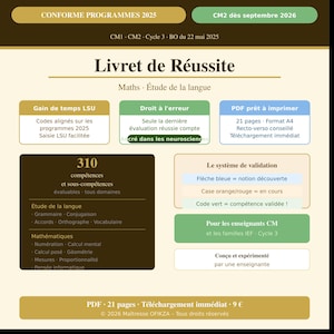 Könnte beinhalten: Ein digitales Bildungsdokument mit dem Titel Livret de Réussite für CM1- und CM2-Schüler. Es beschreibt ein 21-seitiges A4-PDF-Curriculum für Mathematik und Sprachstudien mit 310 Kompetenzen, einem Validierungssystem mit farbcodierten Fortschrittsanzeigen und der Einhaltung der Bildungsstandards von 2025.