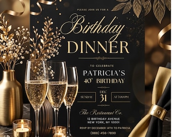 Black Gold Birthday Invitation Template, Editable Elegant Dinner Party Invite, Printable Any Age Birthday Canva Template