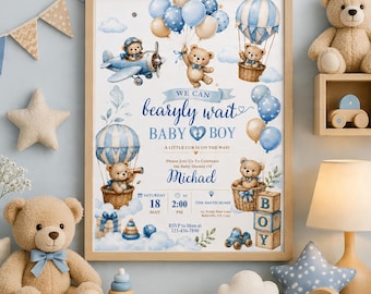 We Can Bearly Wait Baby Boy Shower Invitation, Teddy Bear Balloon Editable Template, Blue Boy Baby Shower Invite, Canva Instant Download