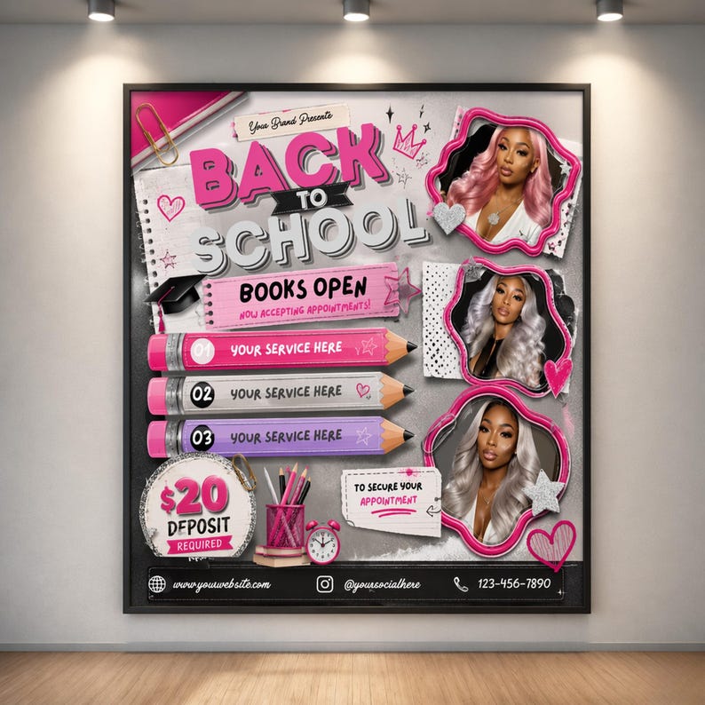 Back to school hairstylist appointment flyer with three model photo frames, pink and grey school-themed background