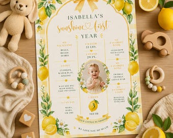 Lemon Sunshine First Year Milestone Poster, Editable 1st Birthday Photo Board, Sunshine Baby Stats Sign, Canva Template Girl Party