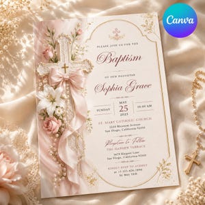May include: A rectangular baptism invitation card featuring a white cross adorned with a soft pink ribbon, pearls, and floral accents. The text includes the name Sophia Grace, the date May 25, 2025, and details for St. Mary Catholic Church in San Diego.