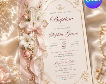 Floral Baptism Invitation Template, Editable Canva Christening Invite, Pink Rose Cross Baptism Card, Girl Baptism Digital Download