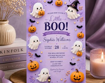 Little Boo Baby Shower Invitation Template, Editable Purple Halloween Ghost Invite, Spooky Cute Baby Shower Canva Template, Girl Boy