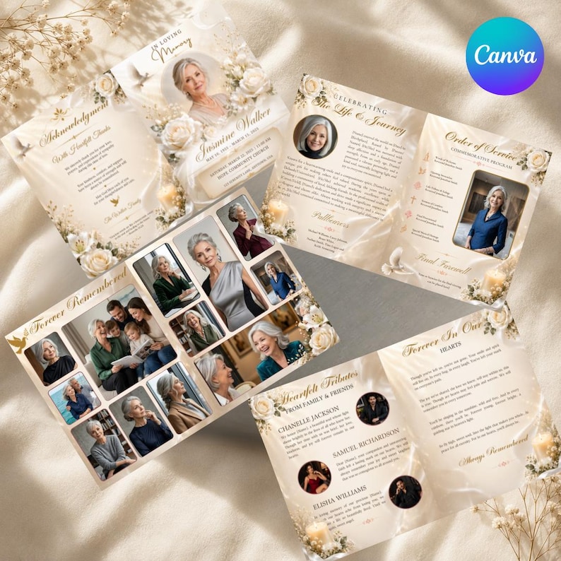 Celebration of life program template showing life and journey biography page layout, editable in Canva