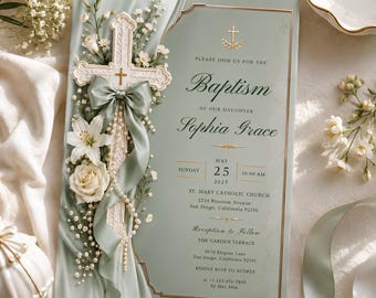 Sage Green Baptism Invitation Template, Editable Elegant Cross Christening Invite, Girl Baptism Canva Template, Floral Pearl Invite