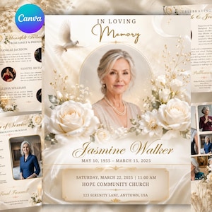 Könnte beinhalten: Eine Vorlage für ein Trauerprogramm mit dem Porträt einer Frau, weißen Rosen und einer fliegenden Taube. Der Text enthält IN LOVING MEMORY, Jasmine Walker, MAY 10, 1955 – MARCH 15, 2025, SATURDAY, MARCH 22, 2025, 11:00 AM, HOPE COMMUNITY CHURCH, 123 SERENITY LANE, ANYTOWN, USA.
