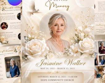 Funeral Program Template, Editable Memorial Service Program, In Loving Memory Celebration of Life, Printable Obituary Program Canva
