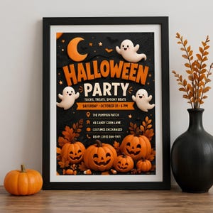 Peut inclure: Une affiche encadrée pour une fête d'Halloween sur fond noir avec du texte orange, trois fantômes blancs, un croissant de lune et quatre citrouilles sculptées. Le texte indique Halloween Party, Tricks, Treats, Spooky Beats, 31 octobre 18h.