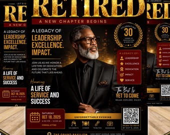 Retirement Party Invitation Template, Editable Retired Flyer, Black Gold Retirement Celebration Invite, Printable Canva Template