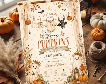 Little Pumpkin Baby Shower Invitation Template, Editable Halloween Spooky Celebration Invite, Fall Baby Shower Canva Template, Ghost