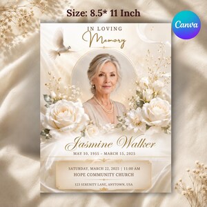 Printable memorial service program cover page with rose gold florals and white dove design
