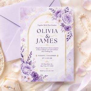 May include: A rectangular wedding invitation card featuring a purple watercolor wash, gold arch frame, and floral illustrations of purple roses. The text reads: Together With Their Families, OLIVIA & JAMES, SUNDAY, 7 DECEMBER, AT 11:00 AM.