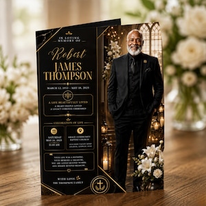 Puede incluir: Un programa funerario negro y dorado con el retrato de un hombre en traje, con el texto In Loving Memory of Robert James Thompson, 12 de marzo de 1953 - 18 de mayo de 2025, Celebration of Life, sábado 24 de mayo de 2025, 11:00, Grace Community Baptist Church.