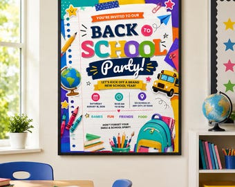 Back to School Party Invitation Template, Editable Colorful School Bash Invite, Classroom PTO Canva Template, Kids School Party Invite