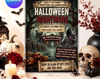 Halloween Party Invitation Template, Editable Spooky Horror Bash Invite, Printable Haunted Manor Halloween Nightmare Card, Canva