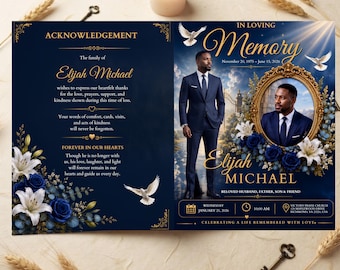 Navy Blue Gold Funeral Program Template, 8 Page Editable Obituary Program Men, In Loving Memory Memorial Service Order of Service Canva