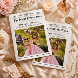 Quinceañera Newspaper Invitation Template, Editable Sweet 15 Save the Date, Birthday Newspaper Invite, Pink Quince Invitation Canva Template