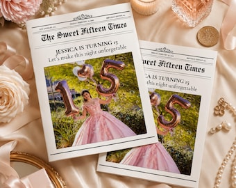 Quinceañera Newspaper Invitation Template, Editable Sweet 15 Save the Date, Birthday Newspaper Invite, Pink Quince Invitation Canva Template