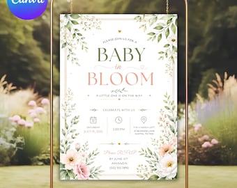 Floral Baby Shower Invitation Template, Baby in Bloom Editable Greenery Invite, Girl Baby Shower, Botanical Instant Download Canva Card