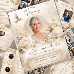 Funeral program template order of service page with commemorative program icons and photo placeholder