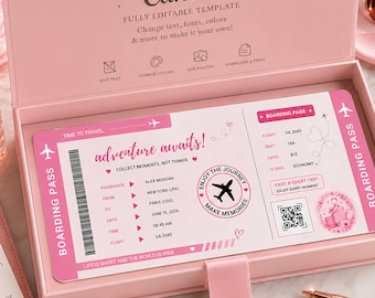 Boarding Pass Template Editable Canva | Surprise Trip Reveal Ticket | Adventure Awaits Printable | Travel Gift | Digital Download