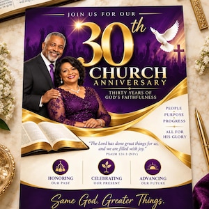 Puede incluir: Un folleto del 30 aniversario de una iglesia con una pareja sonriente con ropa formal, una paloma blanca y una silueta de cruz sobre un fondo morado. El texto incluye "30th CHURCH ANNIVERSARY" y el versículo del Salmo 126:3.