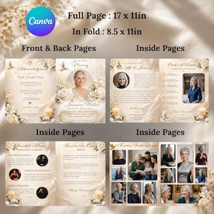 Funeral program acknowledgment and thank you card template with heartfelt thanks message, gold floral border