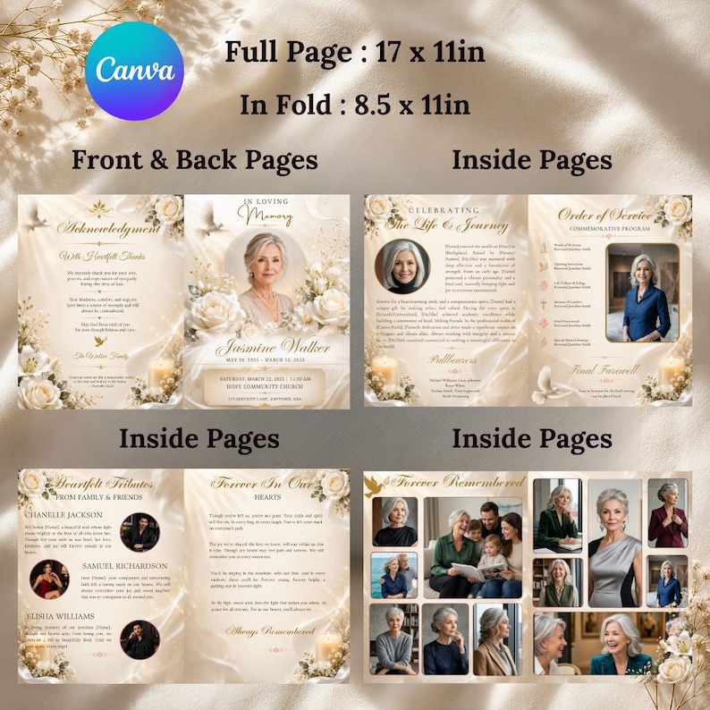 Funeral program acknowledgment and thank you card template with heartfelt thanks message, gold floral border