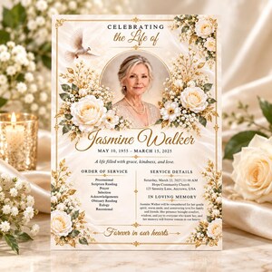 Puede incluir: Un programa funerario con un retrato de Jasmine Walker, rodeado de rosas crema y follaje dorado. El texto incluye "Celebrating the Life of", "Jasmine Walker", fechas, "Order of Service", "Service Details" y "Forever in our hearts."