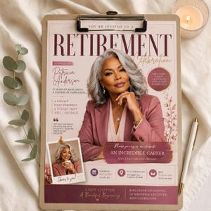 May include: A retirement celebration invitation on a clipboard featuring a portrait of a person with gray hair in a mauve blazer. Text includes "RETIREMENT Celebration," "Honoring Patricia Anderson," "35 years of dedication," and event details.
