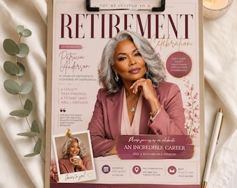 Retirement Celebration Poster Template, Editable Magazine Style Invite, Mauve Gold Retirement Sign, Canva