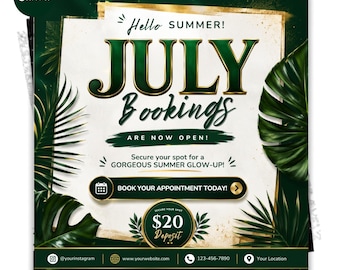 July Booking Flyer Template, Summer Glow Up Bookings Open Flyer, Tropical Green Gold Canva Template, Salon Hair Lash Nail Appointment