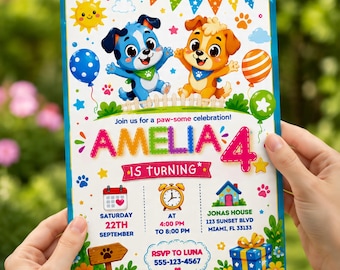 Puppy Dog Birthday Invitation Template, Editable Paw-some Pawty Invite, Colorful Puppy Party Canva Template, Kids Dog Theme Invite