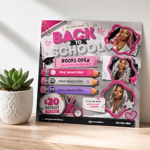 Salon booking flyer with editable service list, model photo placeholders, and pink back to school design for beauty entrepreneurs