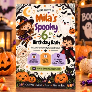 May include: A rectangular Halloween-themed birthday invitation card featuring a cartoon witch, ghost, mummy, and vampire. The text reads: Mila's Spooky 6th Birthday Bash, Saturday October 24, 3:00 PM-5:00 PM, 123 Pumpkin Lane, Boo Hollow, TX 75001.