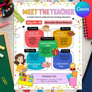 May include: A Meet the Teacher event flyer for Borcelle State School featuring a weekly schedule from May 04-08. The design includes colorful icons like a coffee cup, cookies, a gift box, and an envelope, alongside a cartoon teacher illustration.