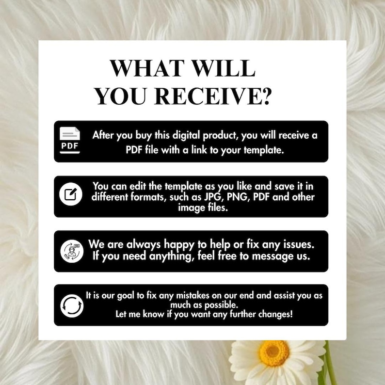 May include: A white informational card with black text reading WHAT WILL YOU RECEIVE? followed by four black horizontal bars containing white text explaining the digital delivery, editing capabilities, and customer support for the template.