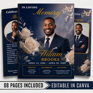 Puede incluir: Una plantilla de programa funerario con fondo azul oscuro, rosas blancas, palomas volando y el retrato de un hombre con traje. El texto incluye IN LOVING MEMORY, Wiliam BROOKS, APRIL 12, 1986 – APRIL 20, 2025, y detalles del servicio religioso.