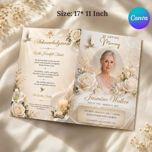In loving memory memorial program template with photo frame, name, and dates on ivory floral background