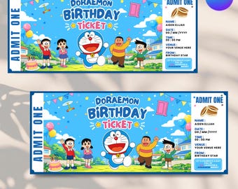 Doraemon Birthday Ticket Invitation: Editable Canva Template (Instant Download)