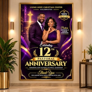 May include: A rectangular poster featuring a couple in formal purple attire, with gold text reading Living Hope Christian Center Celebrates 12th Pastoral Anniversary, Honoring Our Pastor's Faithful Leadership, and Thank You For Leading With Faith.