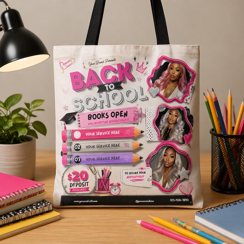 Instagram flyer template for hairstylists and beauty techs featuring notebook doodles, pink pencils, and deposit required badge