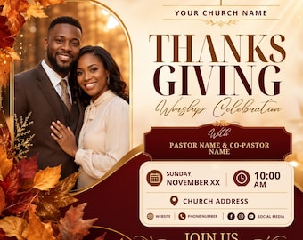 Thanksgiving Church Flyer Template, Editable Worship Celebration Invite, Pastor Appreciation Flyer, Canva Template